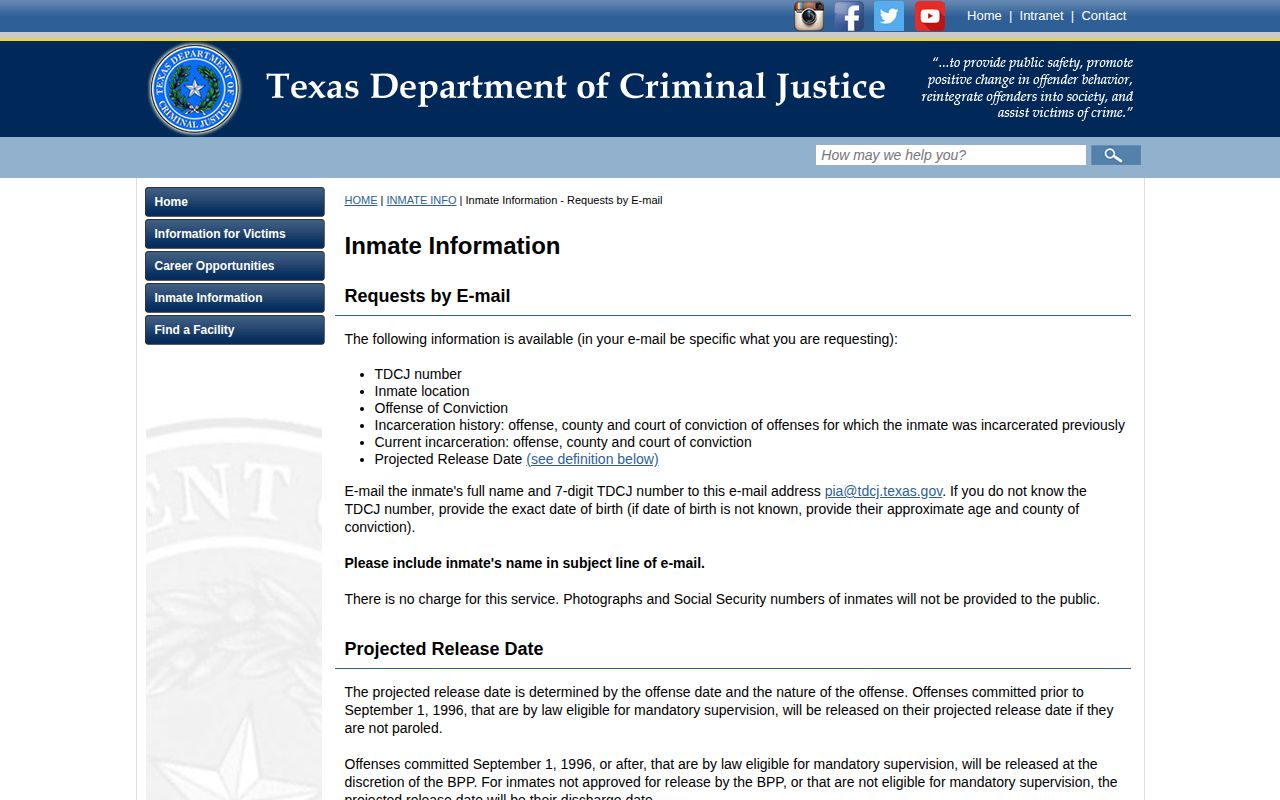 TDCJ projected release date information for Gonzales County cases
