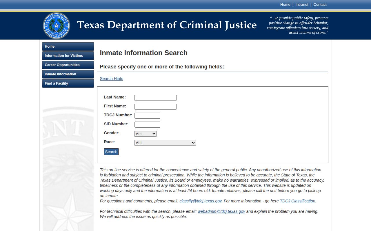 TDCJ search fields for Gonzales County release lookup